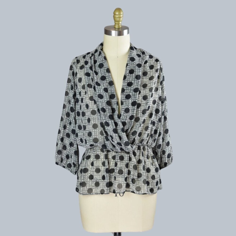 GREEN DRAGON MADE IN USA POLKA DOT GRAY AIRY BLOUSE